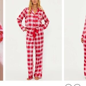 Beach Riot Livy Top & Connie Pant Set Candy Red and White Plaid Pajama Set